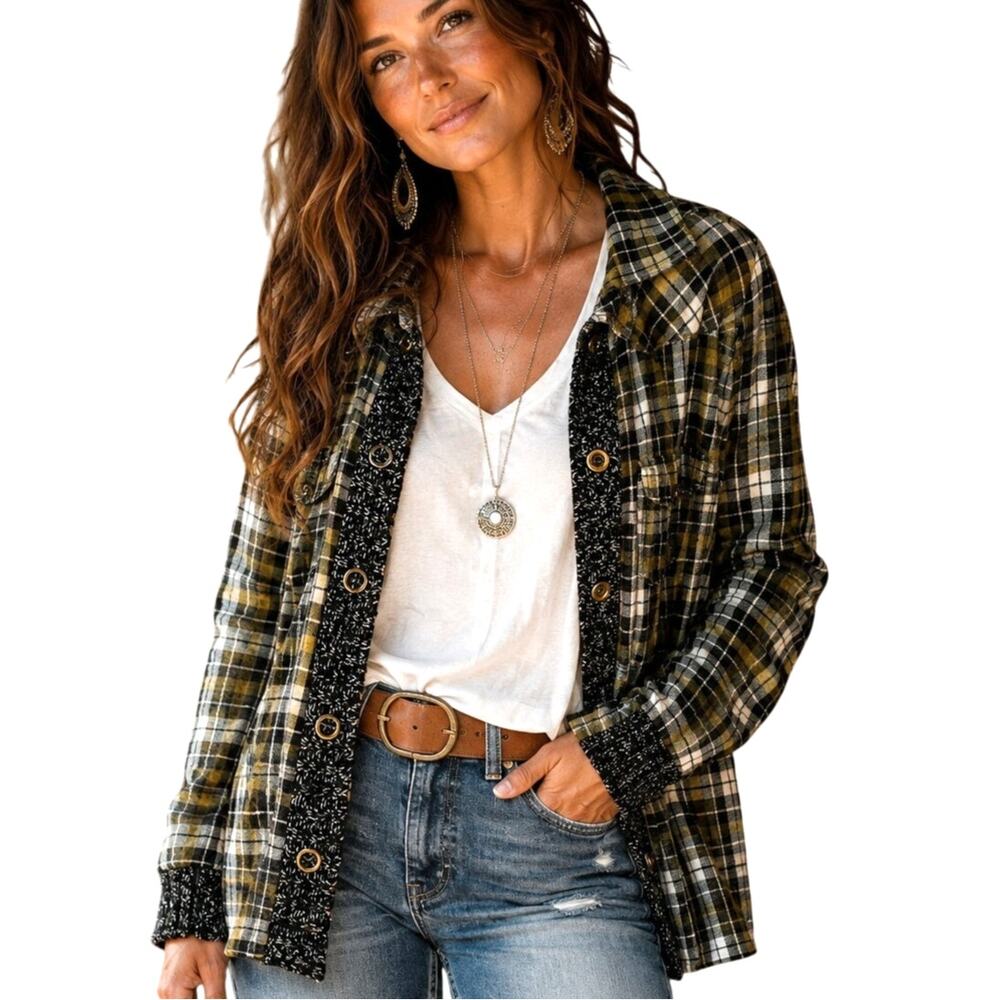 BKE Eased Plaid Jumbo-Snap Shirt Womens Medium Green Flannel Mixed Media Boho